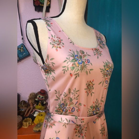 Vintage Baby Pink Floral Sleeveless Belted DressSize S/M - Picture 8 of 16